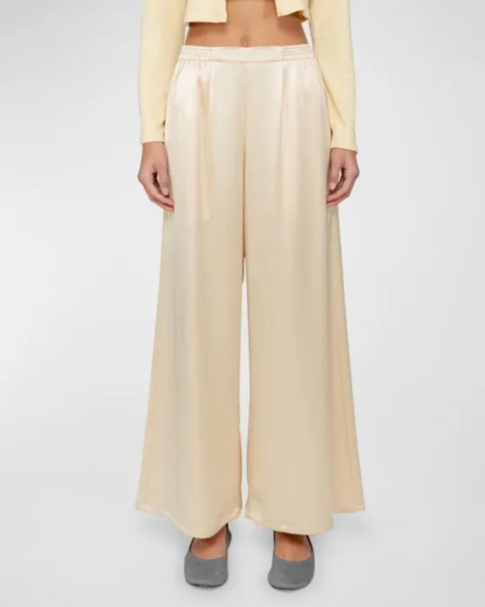 Leset Barb Wide Leg Boxer Satin Pants Sand Tan Pleated Trouser Loungewear Small